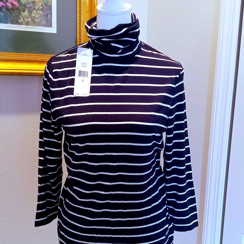 LAUREN Ralph Lauren Navy Blue and White Striped Turtleneck Top
